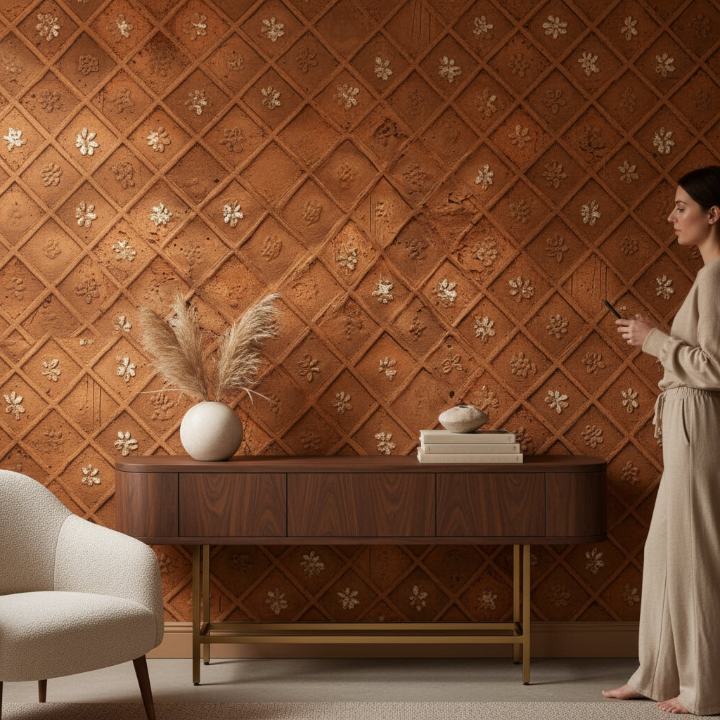 Kabartmalı Elmas Desenli Duvar Kağıdı Terracotta Desen Salon