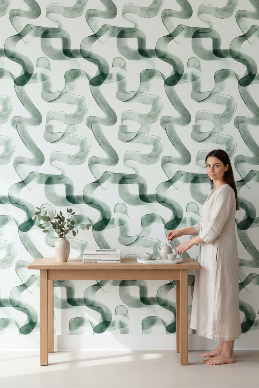 Soyut Dalgalı Desenli Duvar Kağıdı Yeşil Modern Salon
