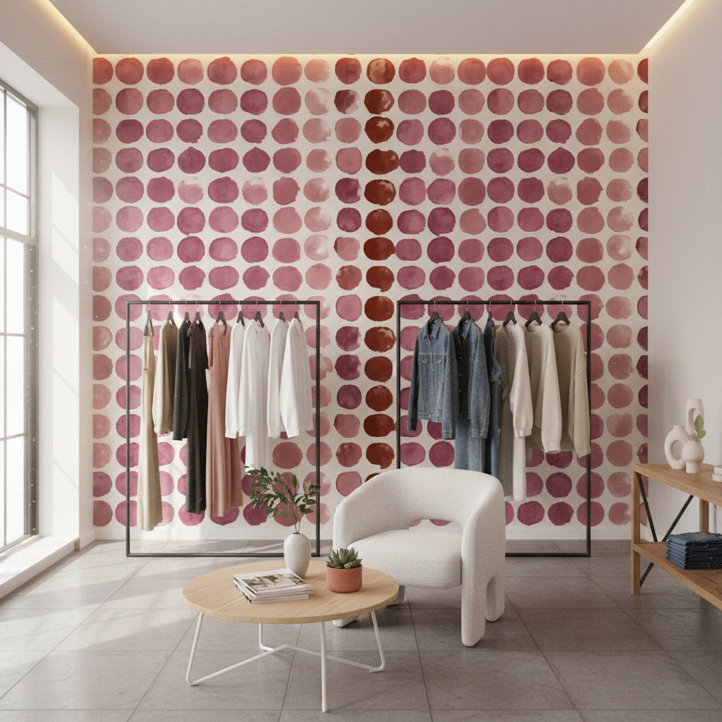 Puantiyeli Duvar Kağıdı Bordo Pembe Modern Salon