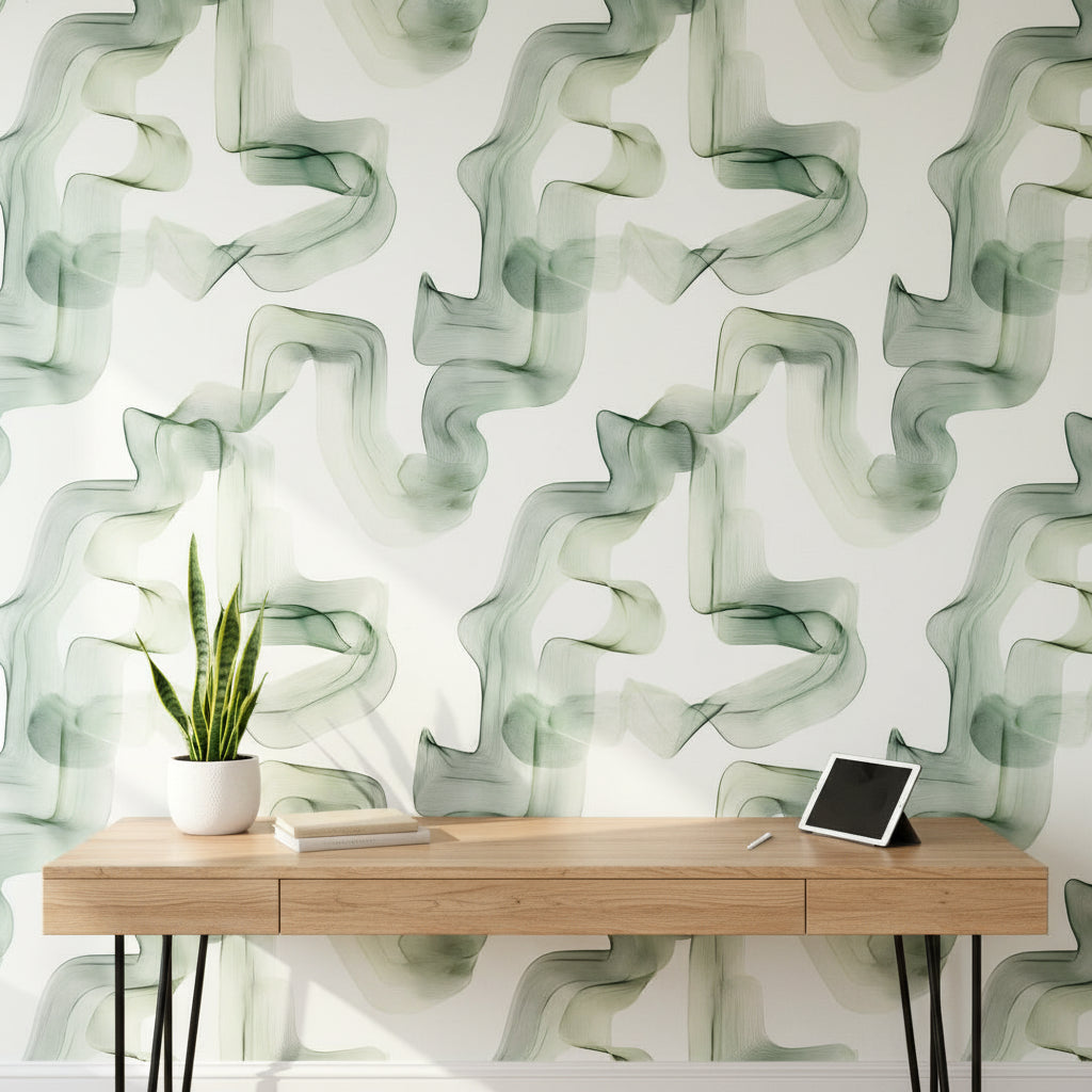 Soyut Dalgalı Duvar Kağıdı Yeşil Modern Salon