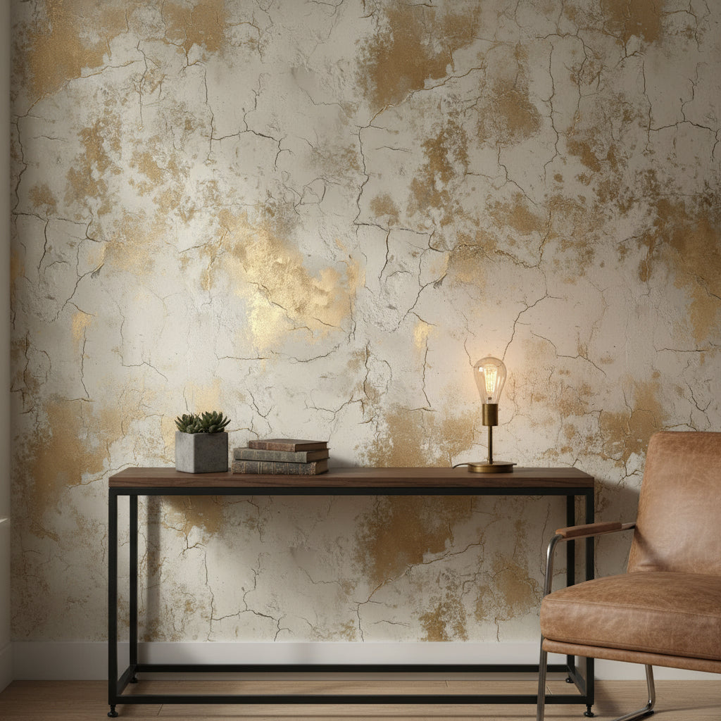 Eskitme Beton Desenli Duvar Kağıdı Bej Gold Salon