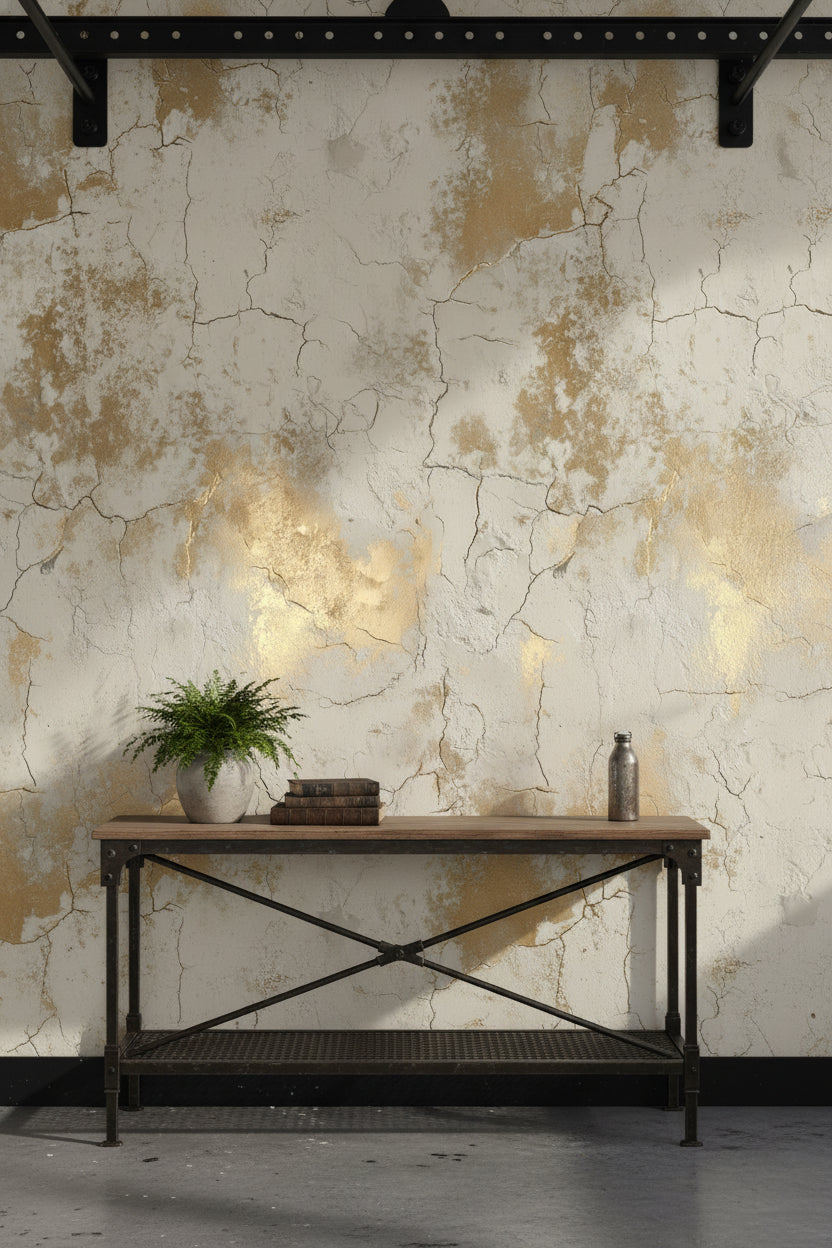 Eskitme Beton Desenli Duvar Kağıdı Bej Gold Salon