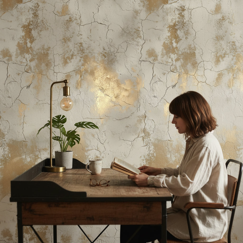 Eskitme Beton Desenli Duvar Kağıdı Bej Gold Salon