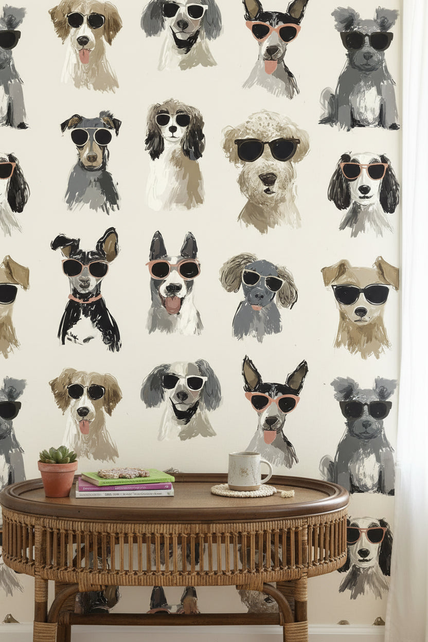 Gözlüklü Köpek Desenli Duvar Kağıdı Krem Çocuk Odası