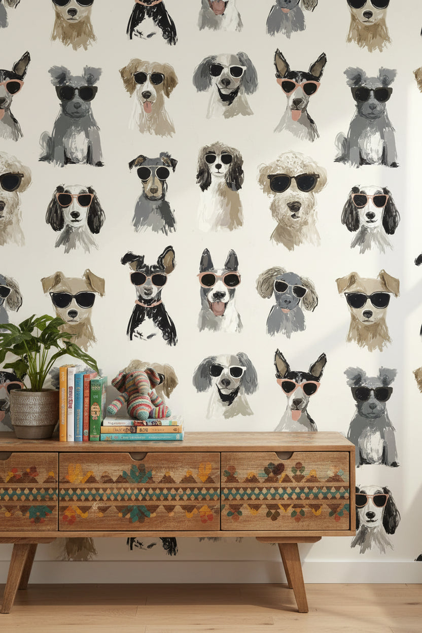 Gözlüklü Köpek Desenli Duvar Kağıdı Krem Çocuk Odası