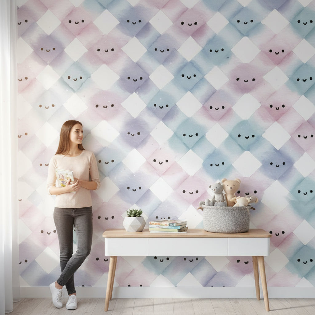 Gülen Yüzlü Kare Desenli Duvar Kağıdı Pastel Çocuk Odası