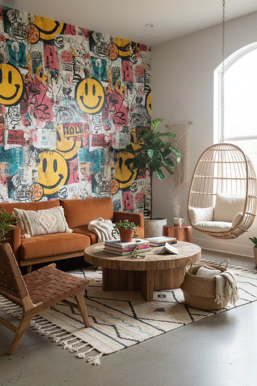 Grafiti Smiley Duvar Kağıdı Renkli Salon Dekoru