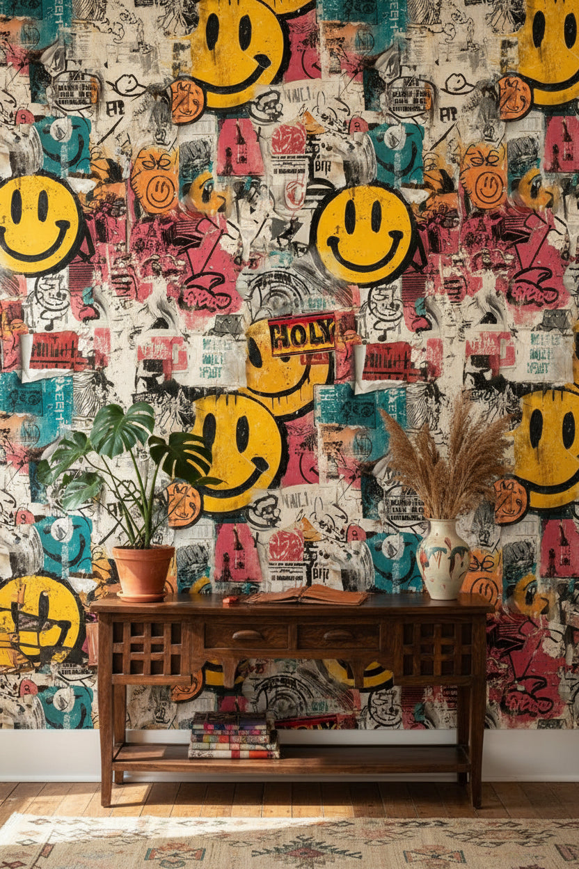 Grafiti Smiley Duvar Kağıdı Renkli Salon Dekoru