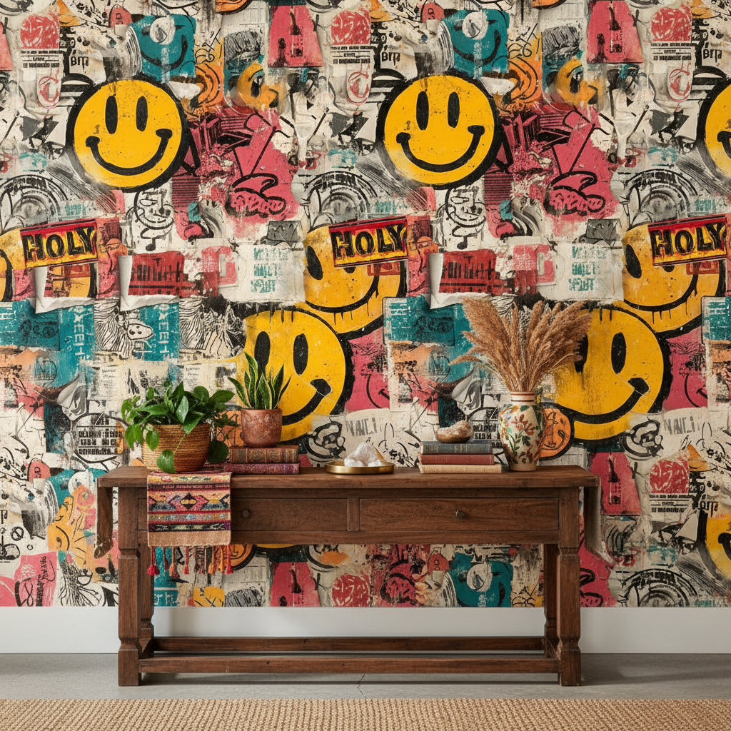 Grafiti Smiley Duvar Kağıdı Renkli Salon Dekoru
