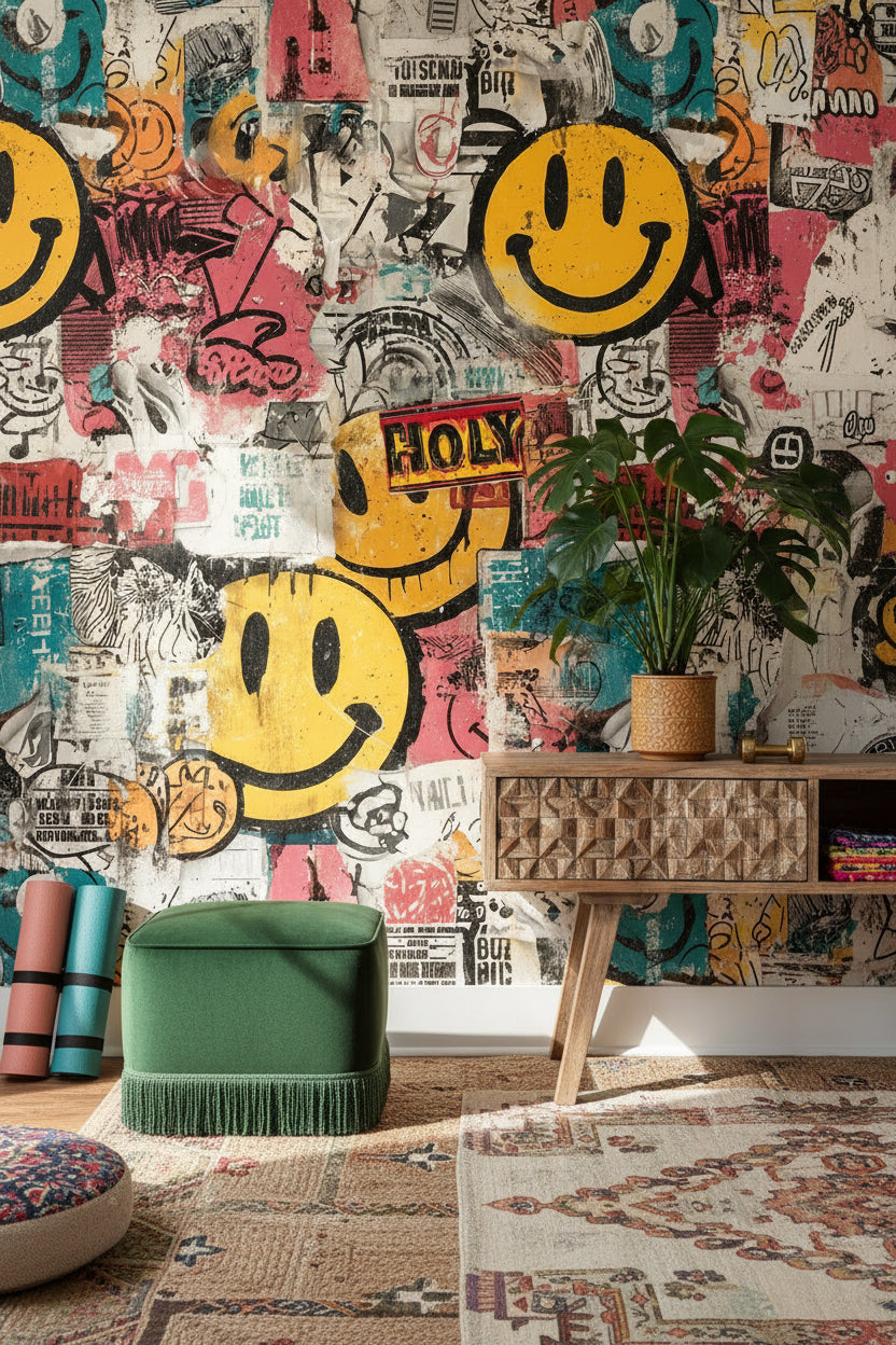 Grafiti Smiley Duvar Kağıdı Renkli Salon Dekoru