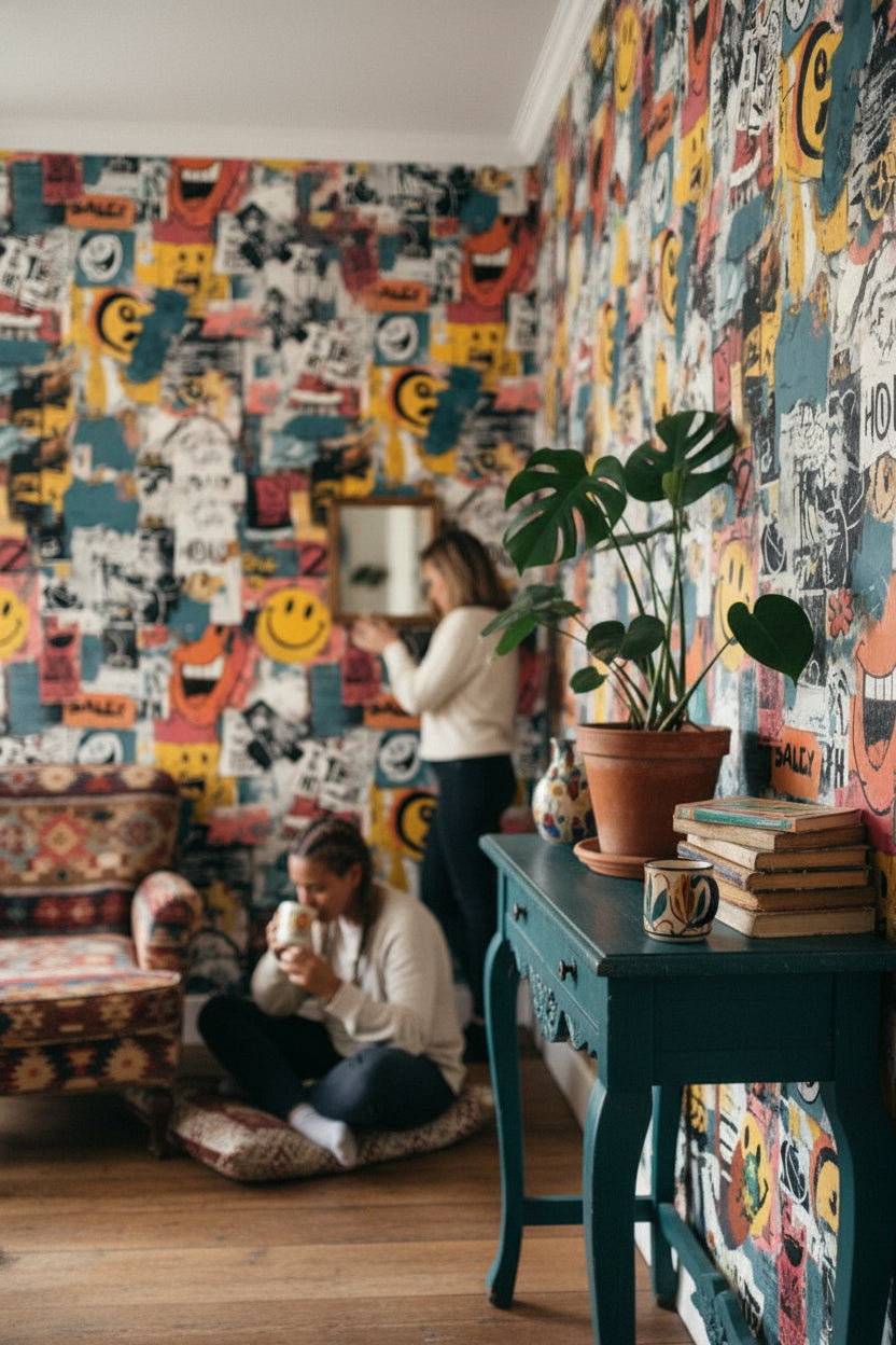 Grafiti Kolaj Duvar Kağıdı Renkli Salon Duvar Dekoru