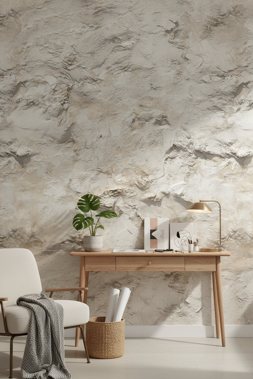 Desenli Beton Görünümlü Duvar Kağıdı Bej Minimal Salon
