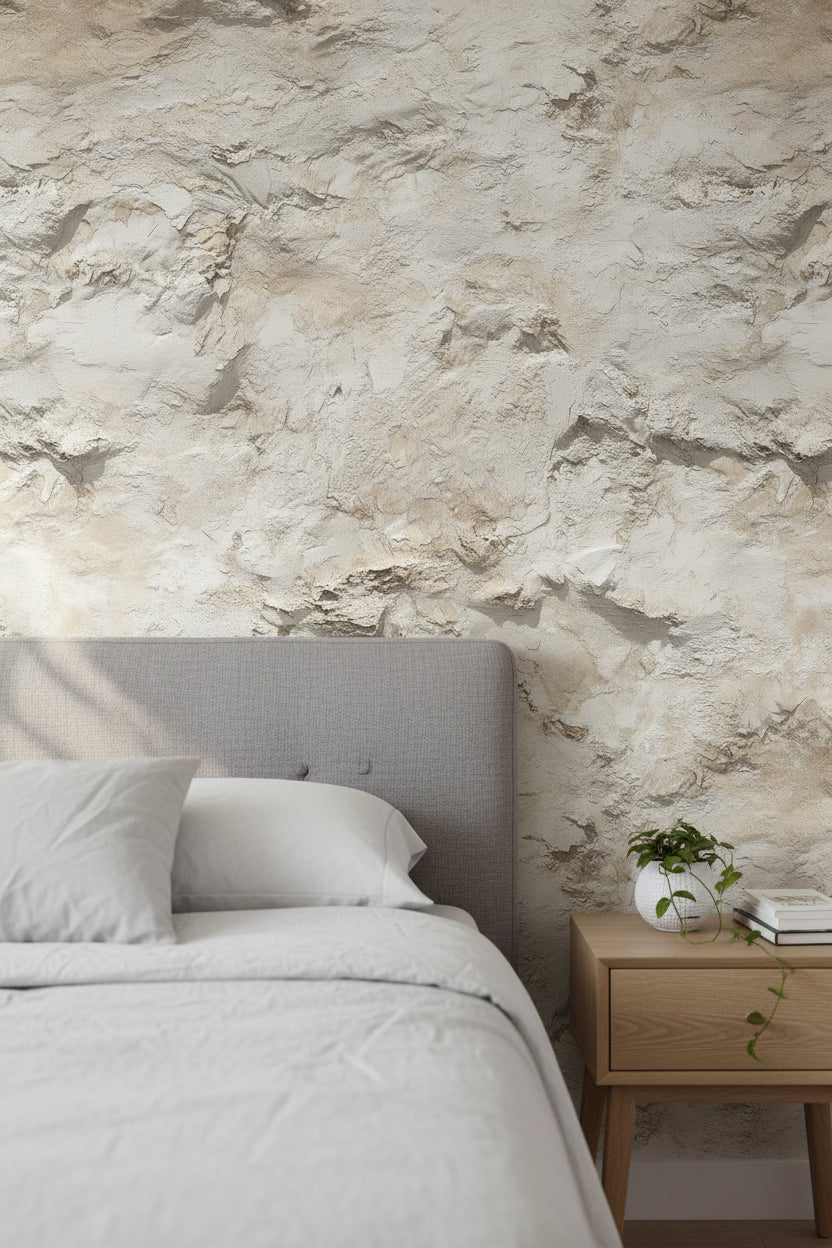 Desenli Beton Görünümlü Duvar Kağıdı Bej Minimal Salon
