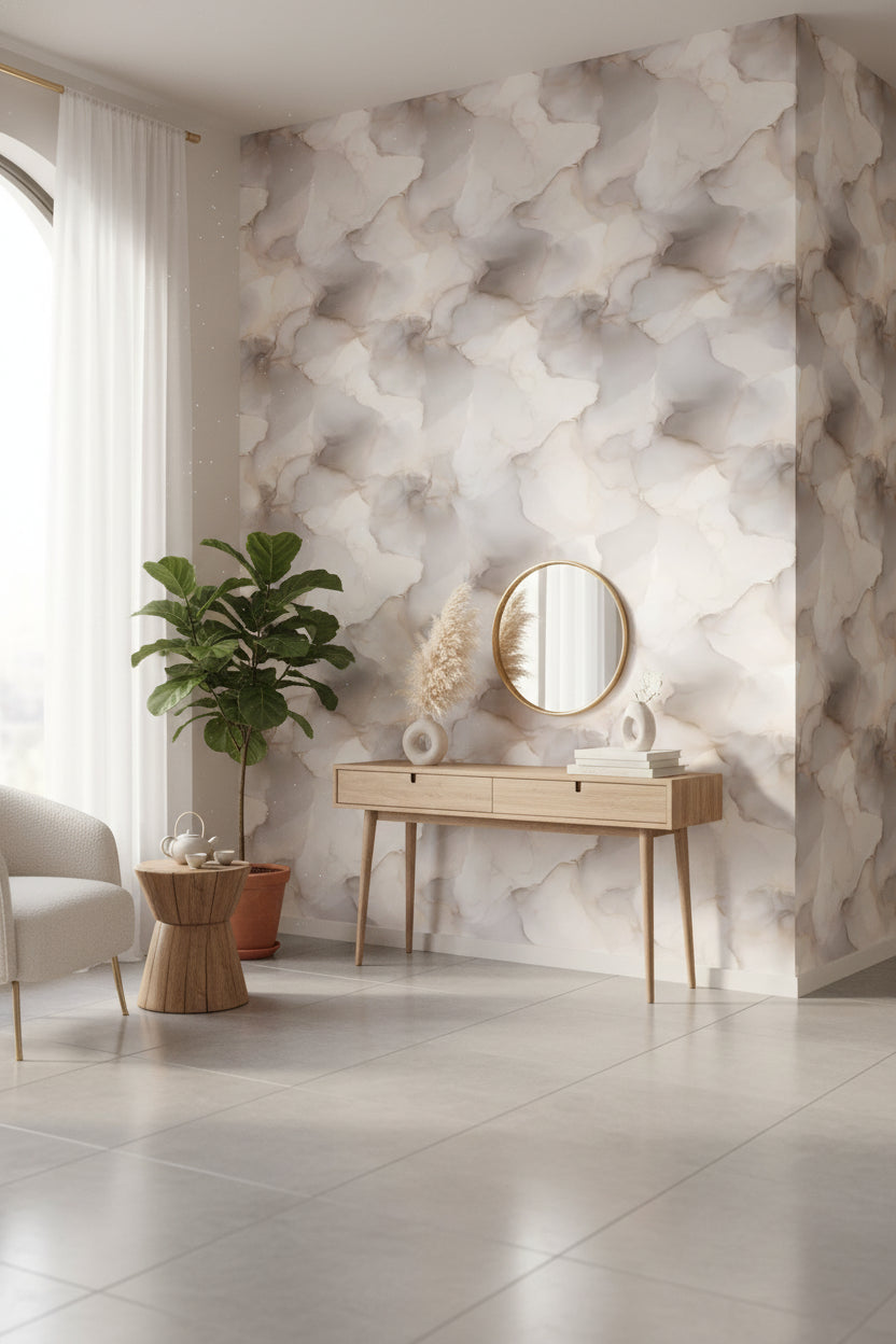 Mermer Desenli Duvar Kağıdı Bej Gri Modern Salon