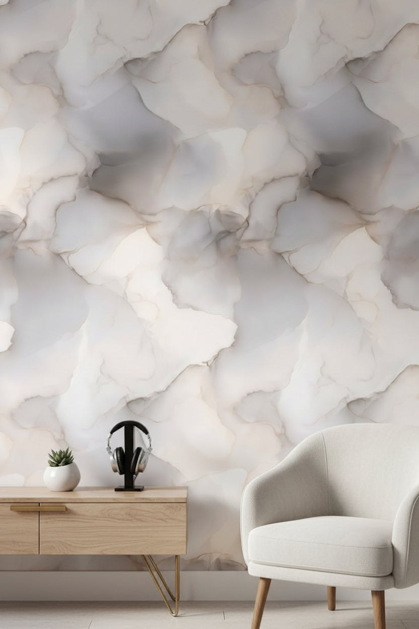 Mermer Desenli Duvar Kağıdı Bej Gri Modern Salon