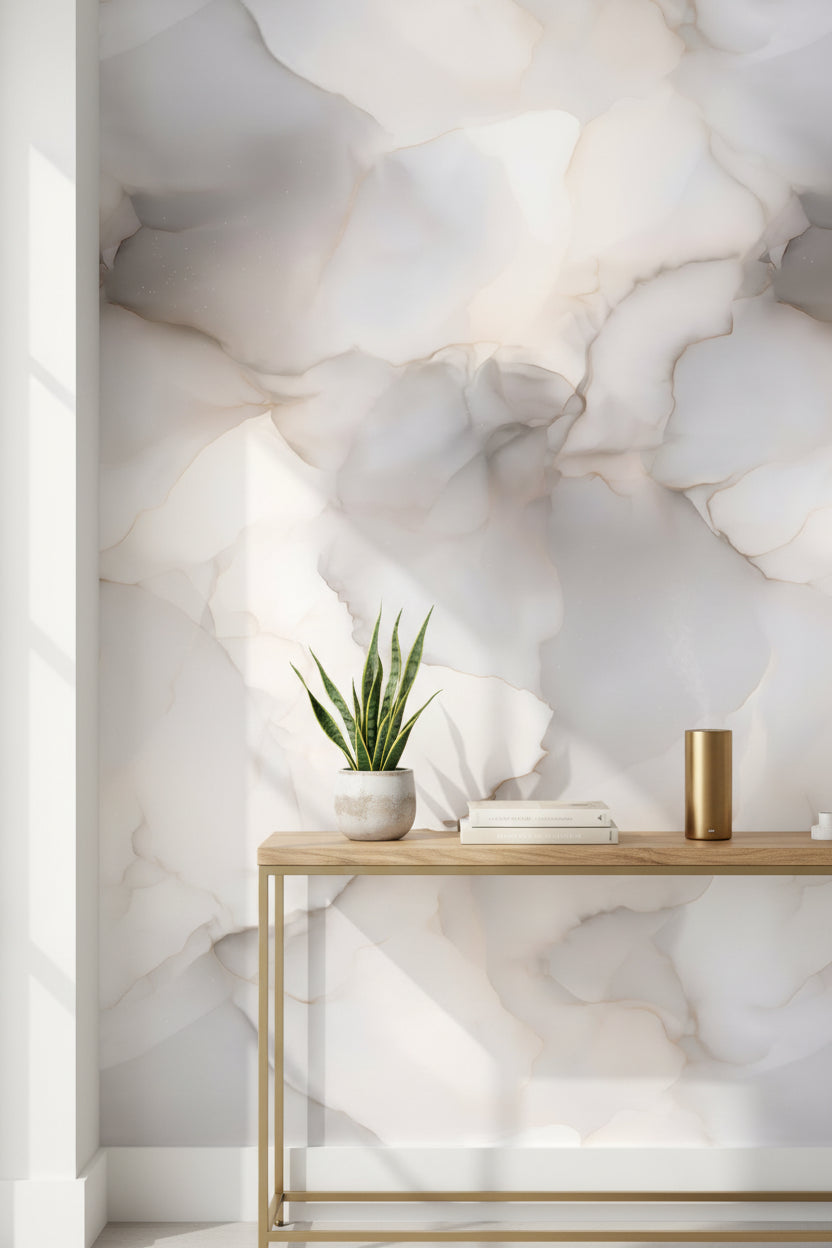 Mermer Desenli Duvar Kağıdı Bej Gri Modern Salon