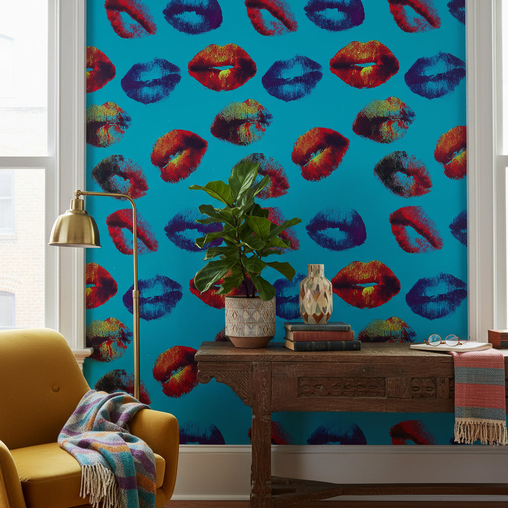 Pop Art Dudak Desenli Duvar Kağıdı Turkuaz Fon