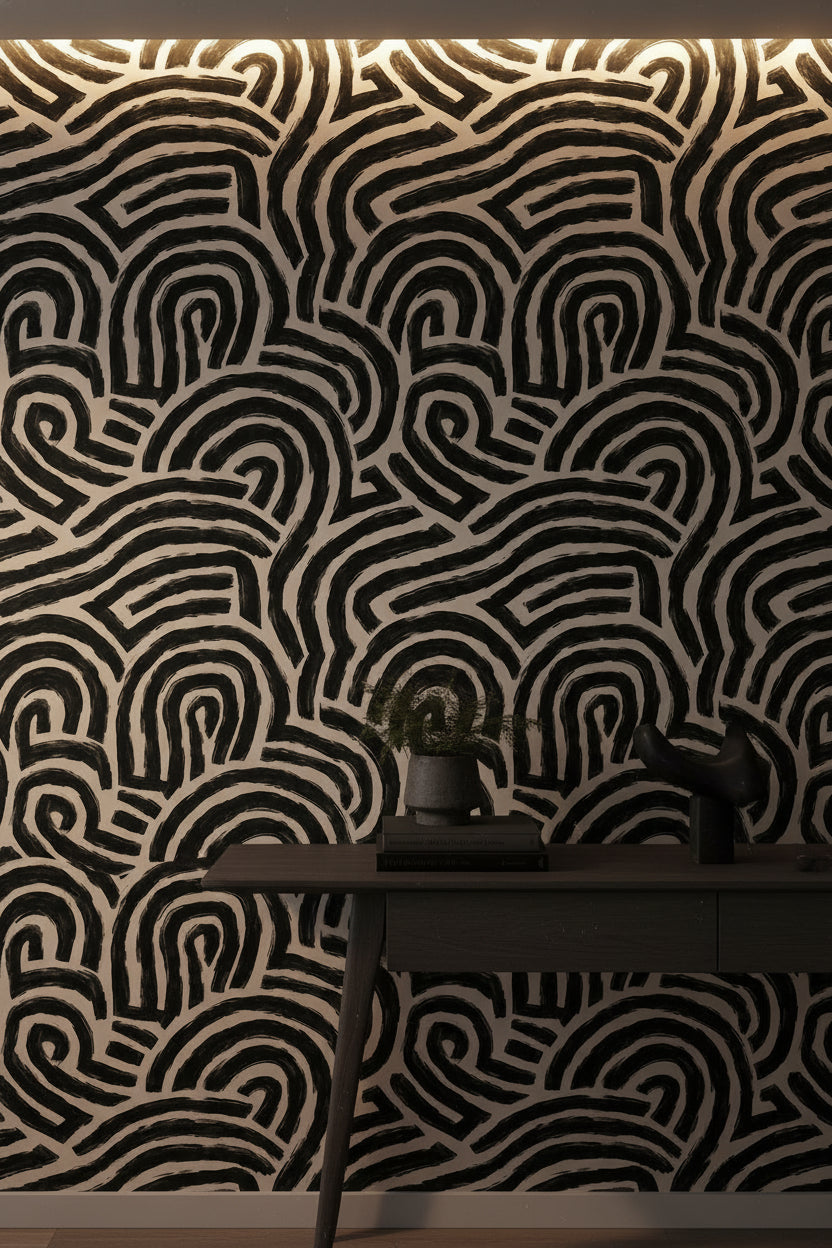 Siyah Beyaz Soyut Çizgili Duvar Kağıdı Salon