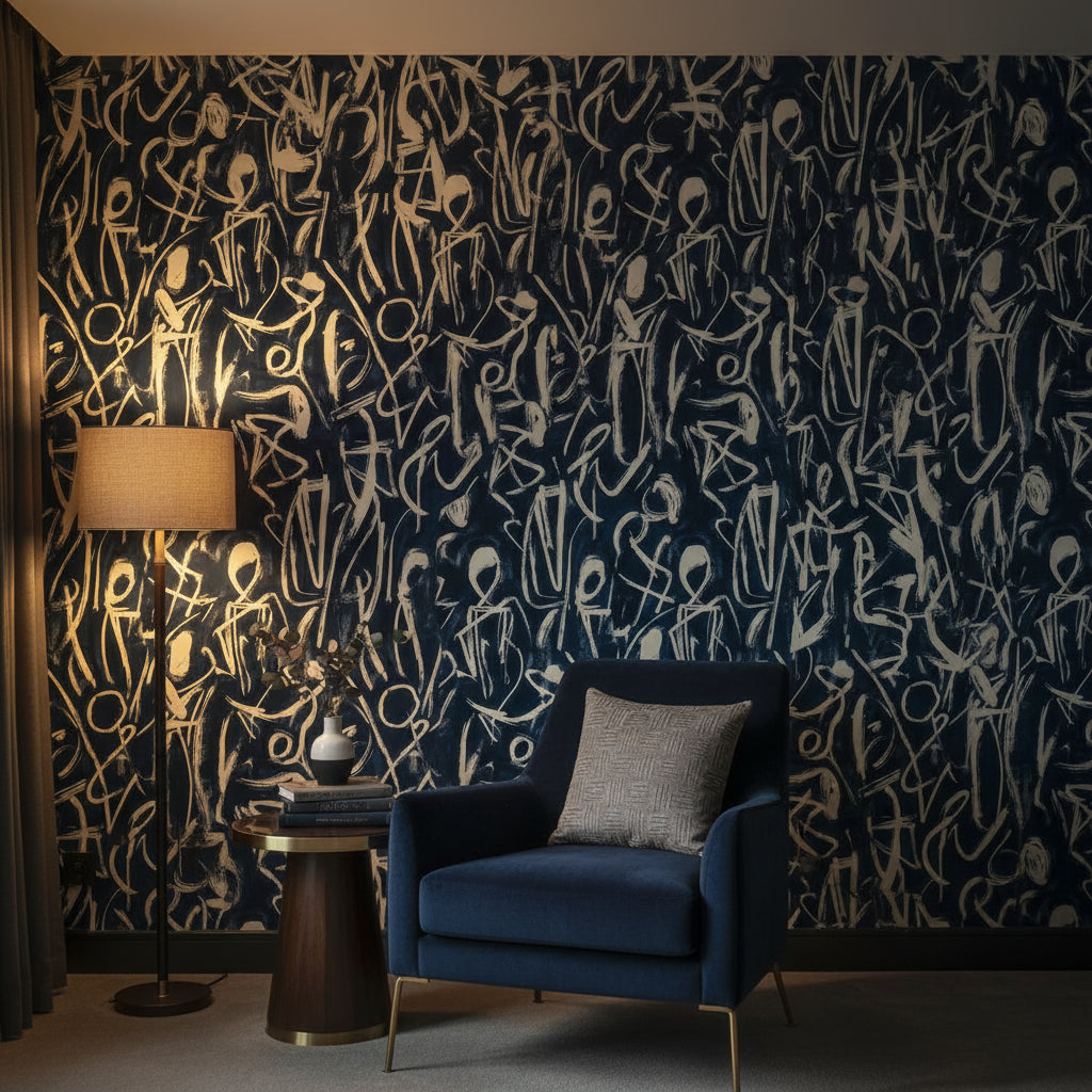 Soyut Figürlü Duvar Kağıdı Lacivert Krem Modern Salon