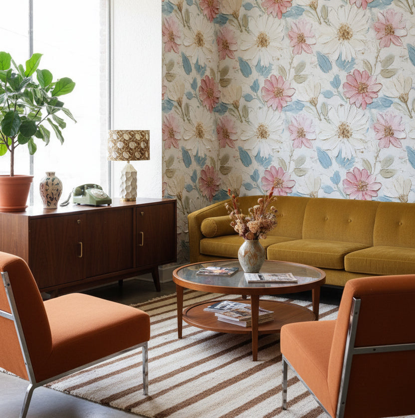 Pastel Papatyalı Duvar Kağıdı Krem Zemin Salon