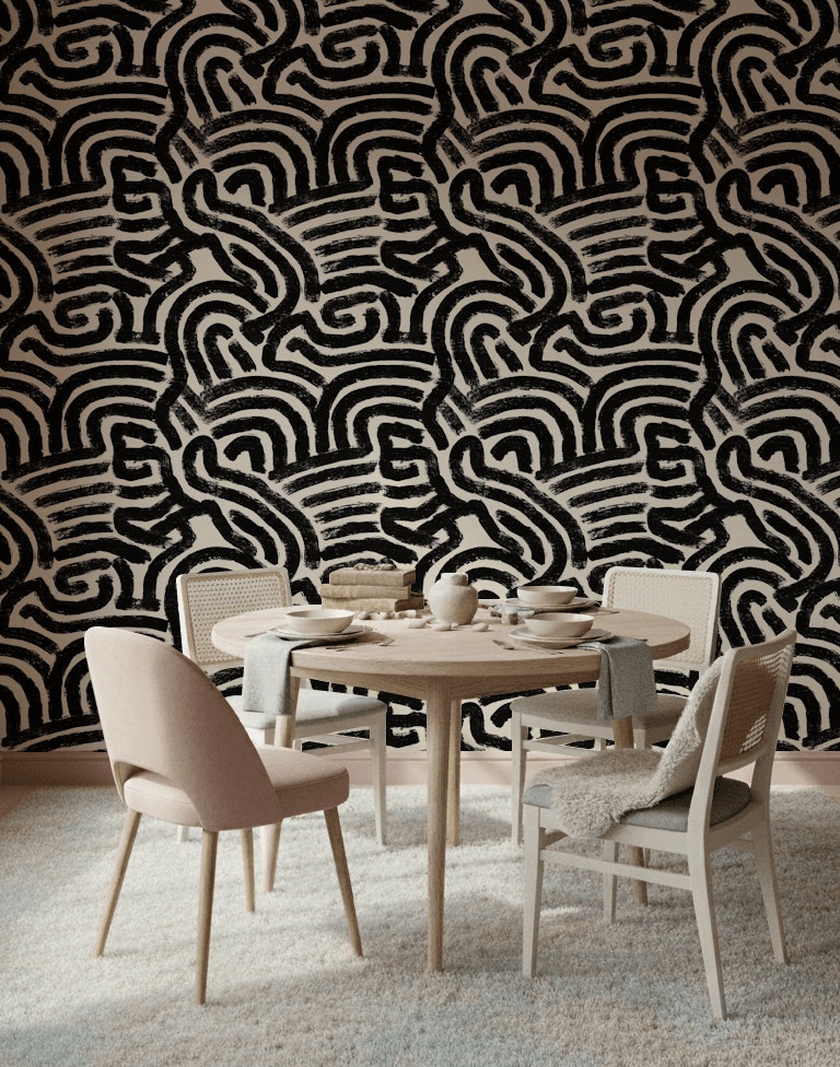 Siyah Beyaz Labirent Desenli Duvar Kağıdı Modern Banyo Dekoru