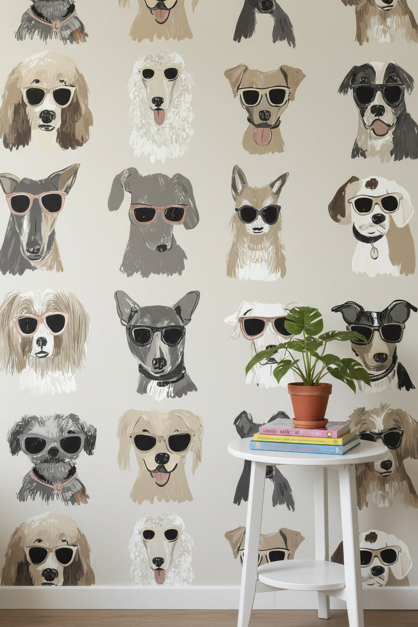 Gözlüklü Köpek Desenli Duvar Kağıdı Bej Çocuk Odası