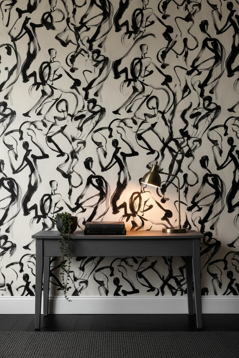 Soyut Figürlü Duvar Kağıdı Siyah Beyaz Çizim Salon