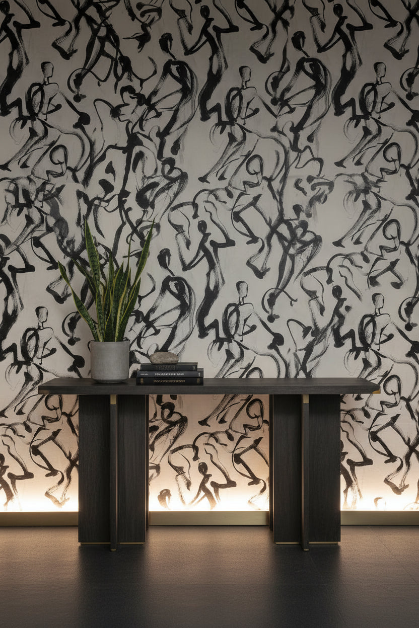 Soyut Figürlü Duvar Kağıdı Siyah Beyaz Çizim Salon