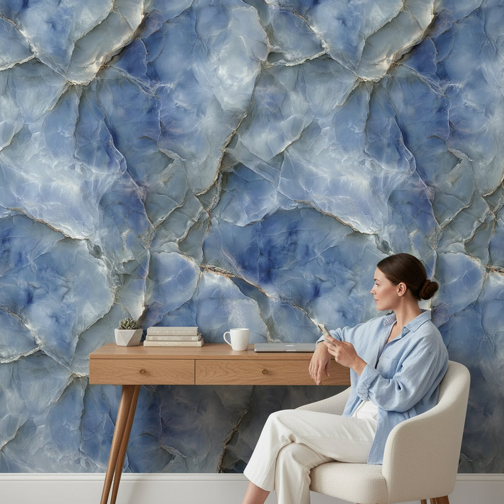 Mavi Mermer Desenli Duvar Kağıdı Modern Salon Duvarı