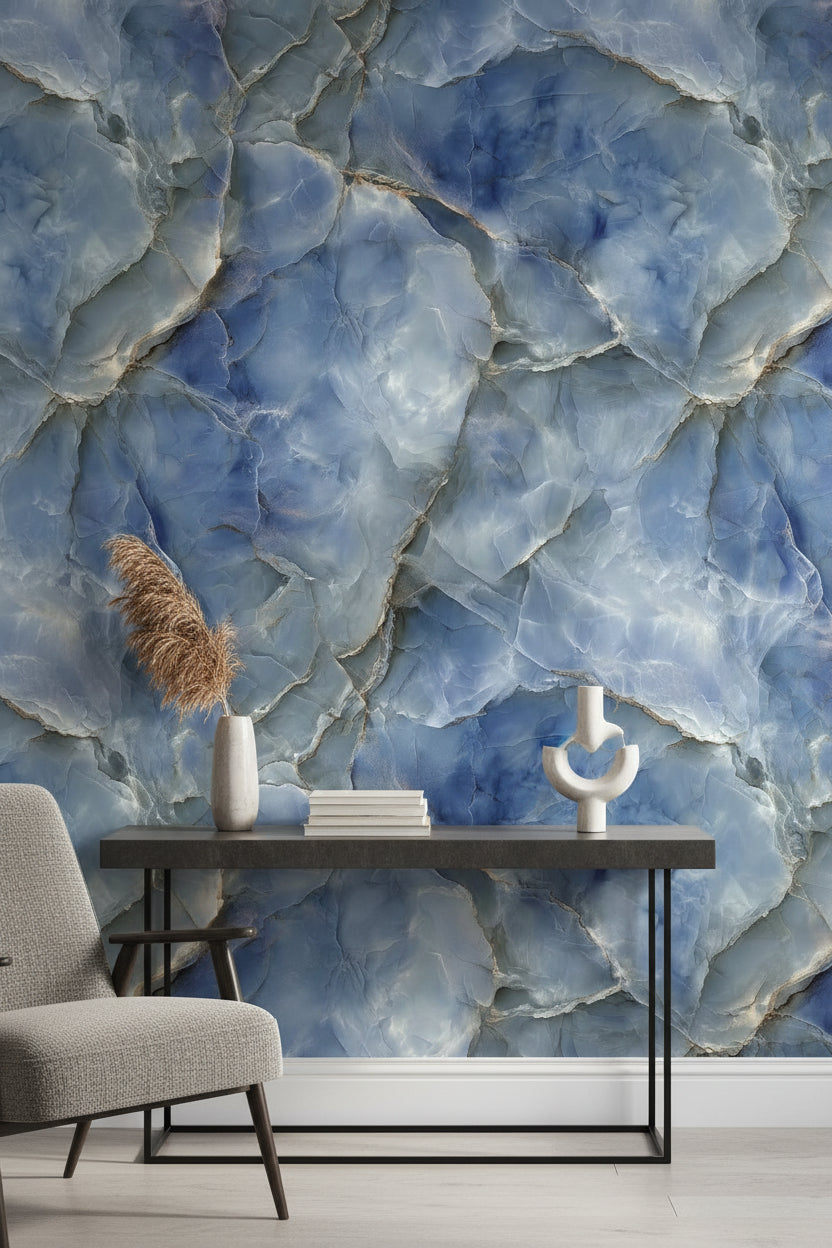 Mavi Mermer Desenli Duvar Kağıdı Modern Salon Duvarı