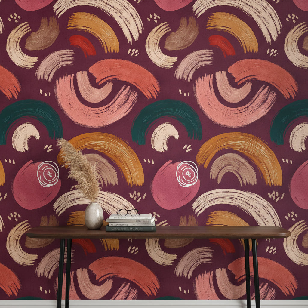 Soyut Fırça Darbeli Duvar Kağıdı Bordo Modern Salon Deseni