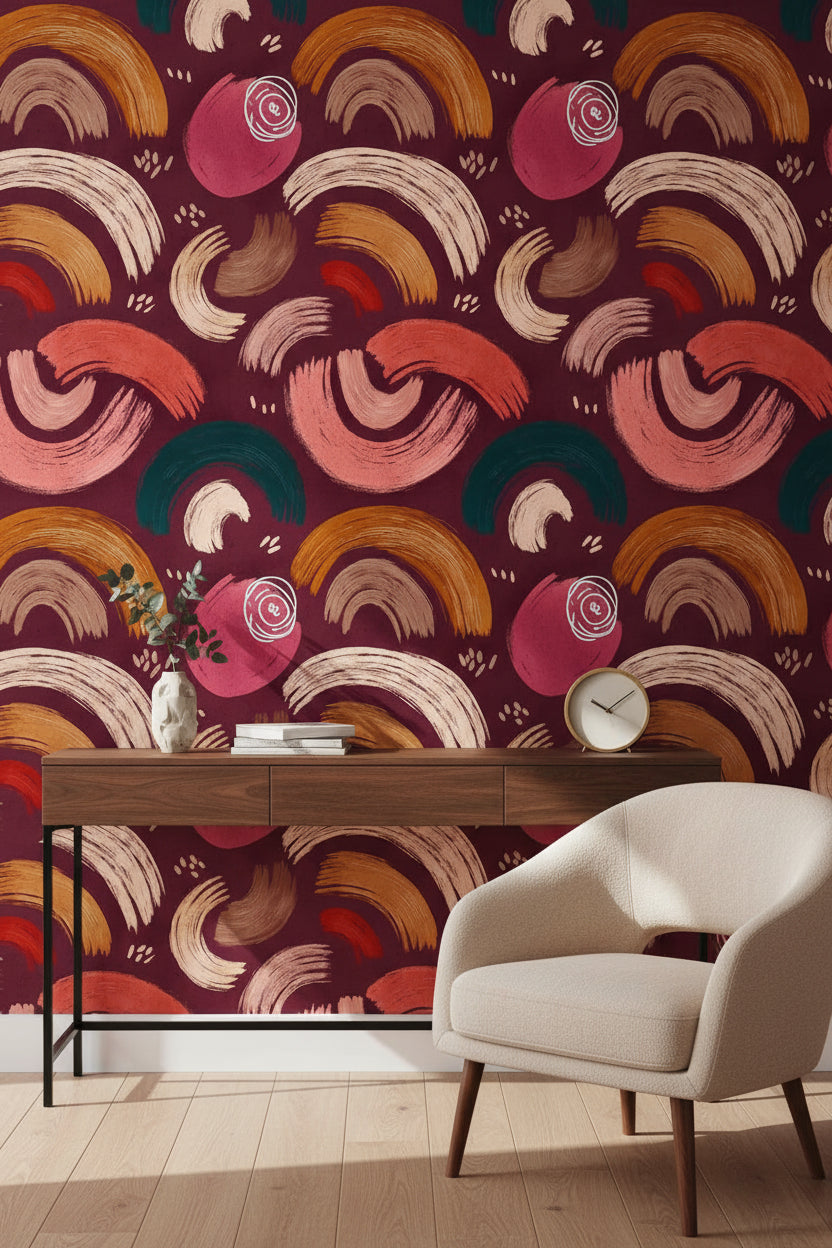 Soyut Fırça Darbeli Duvar Kağıdı Bordo Modern Salon Deseni