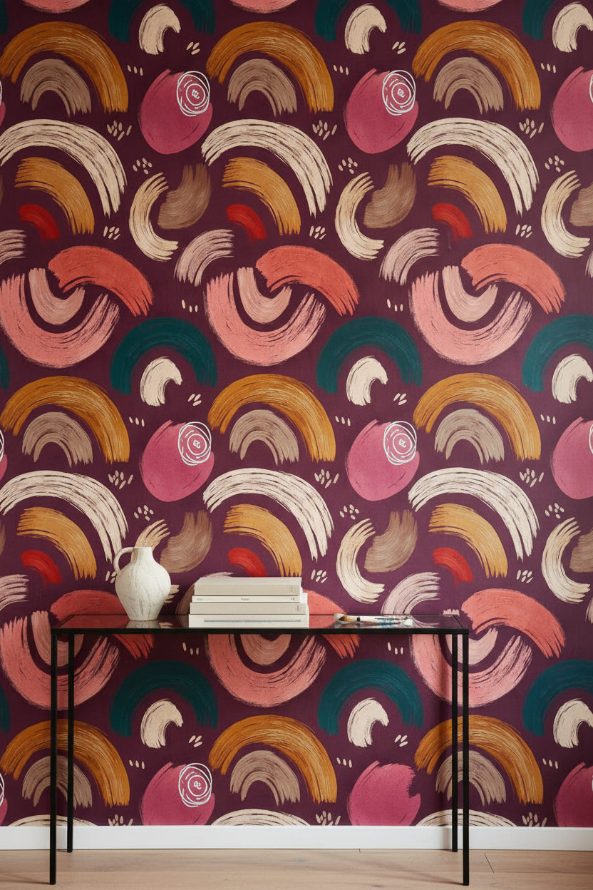 Soyut Fırça Darbeli Duvar Kağıdı Bordo Modern Salon Deseni