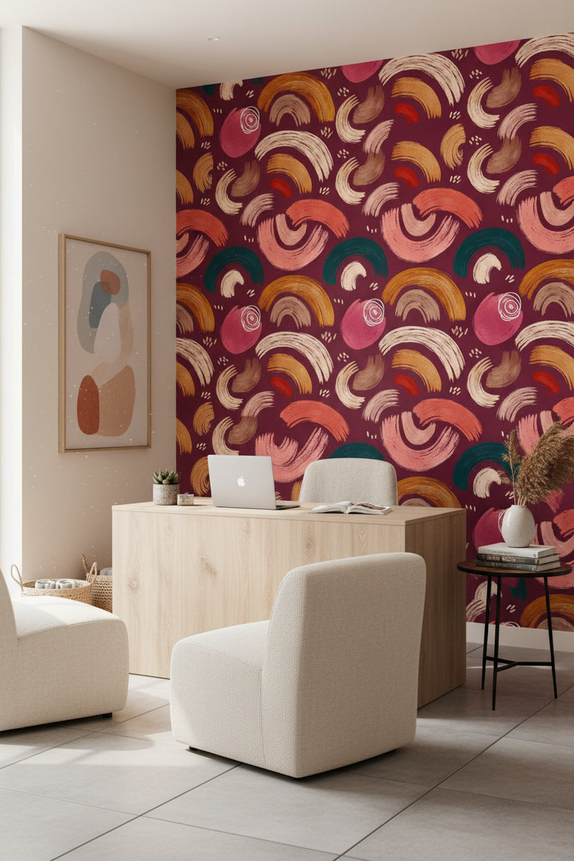 Soyut Fırça Darbeli Duvar Kağıdı Bordo Modern Salon Deseni