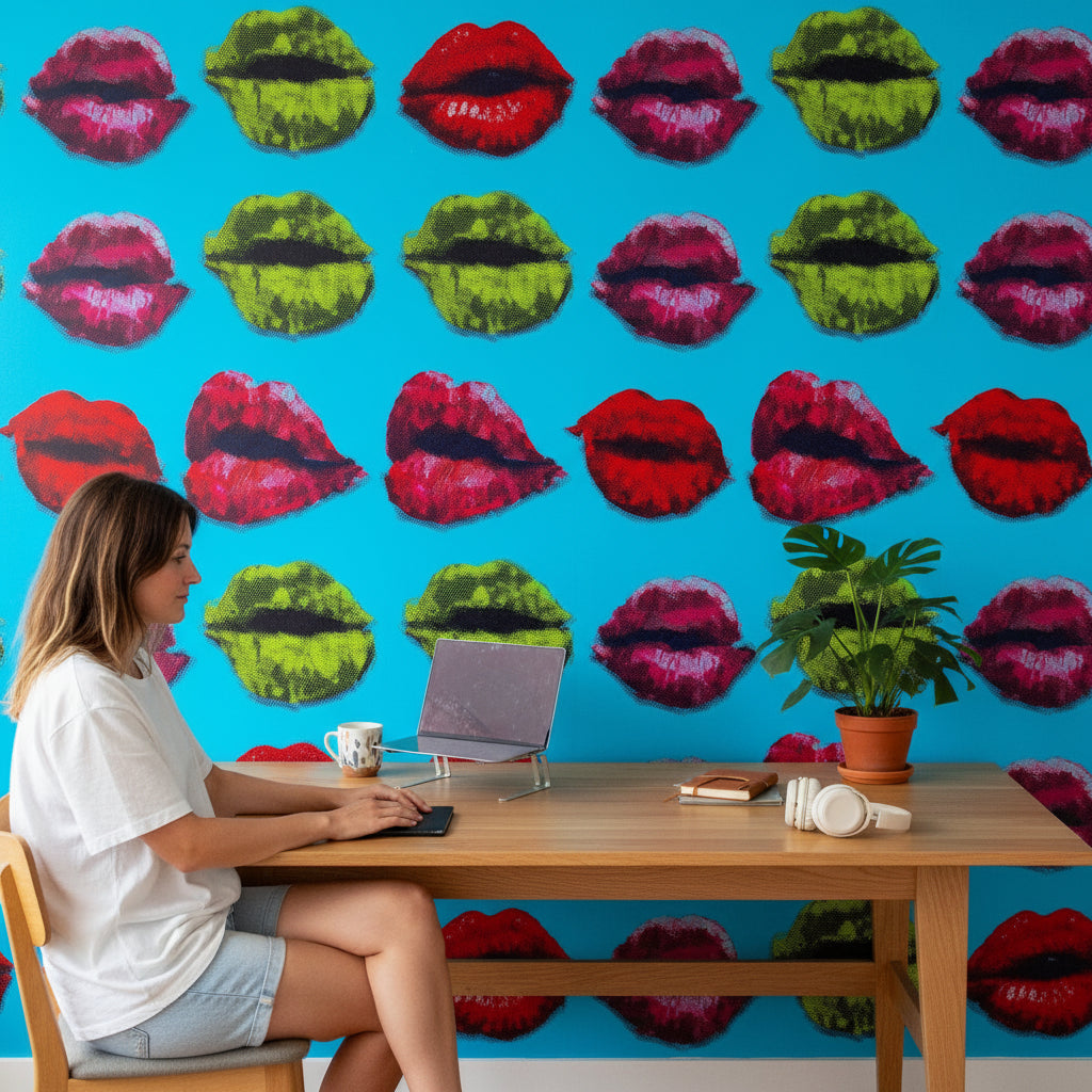Renkli Dudak Desenli Duvar Kağıdı Turkuaz Pop Art