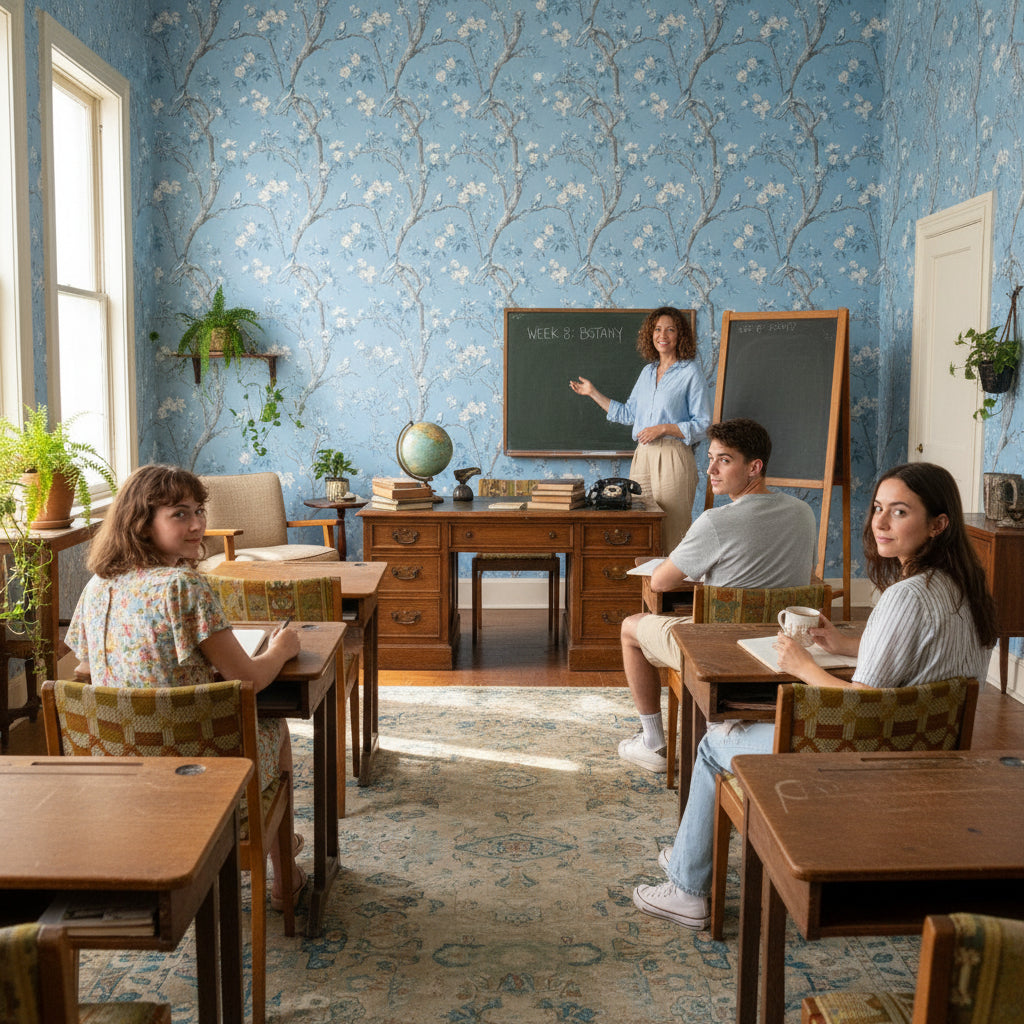 Mavi Çiçekli Kuşlu Duvar Kağıdı Klasik Salon