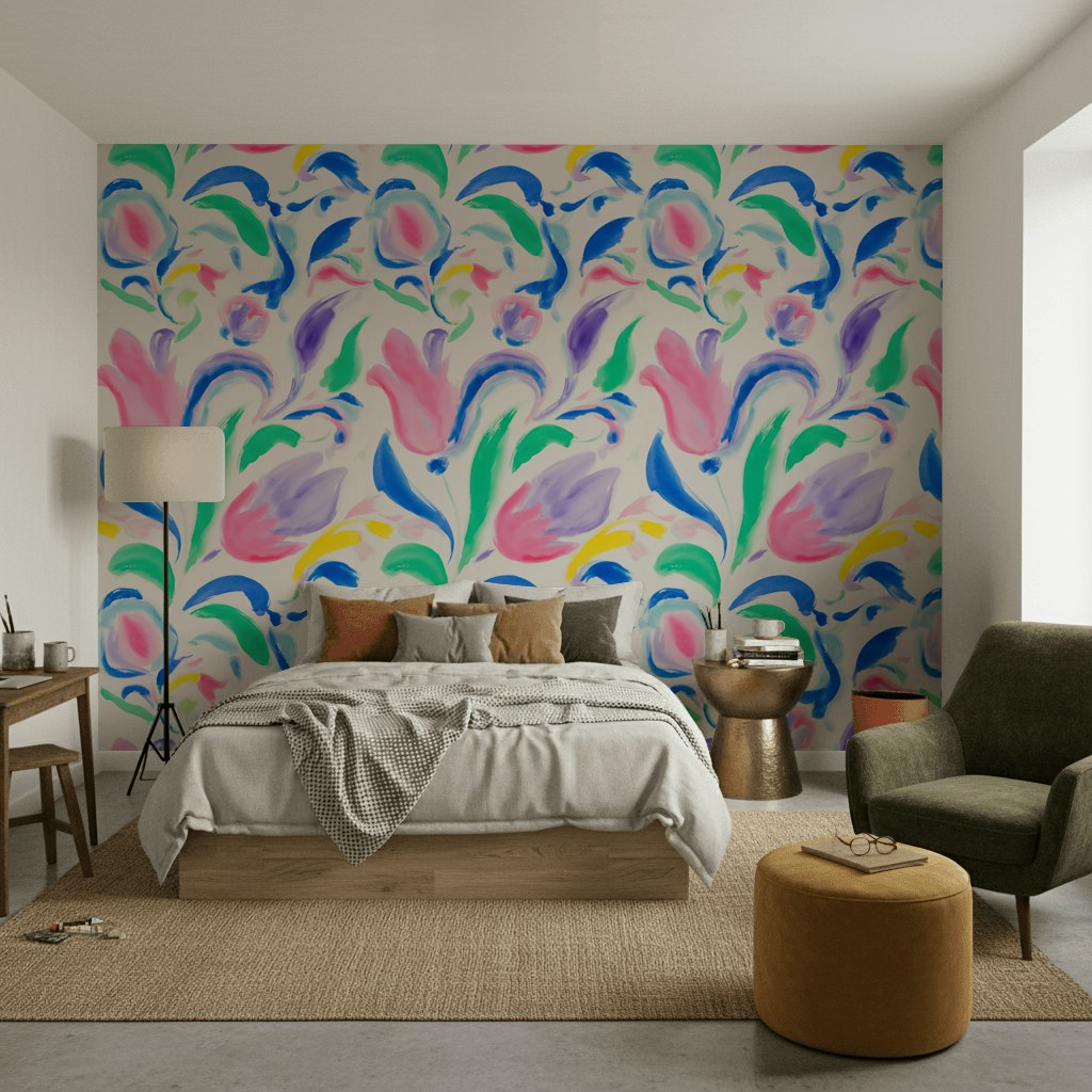 Sulu Boya Çiçekli Duvar Kağıdı Renkli Modern Desen