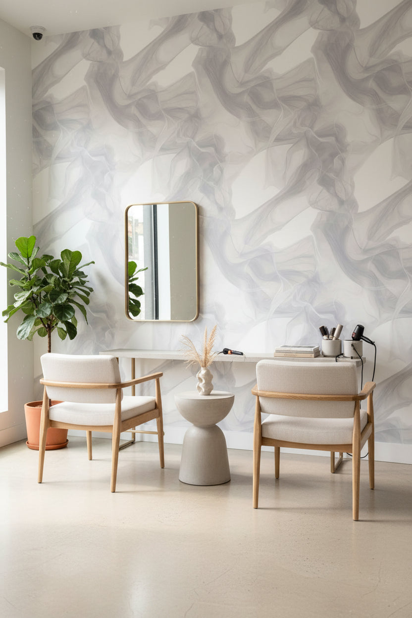 Soyut Duman Efektli Duvar Kağıdı Gri Tonlu Modern Salon