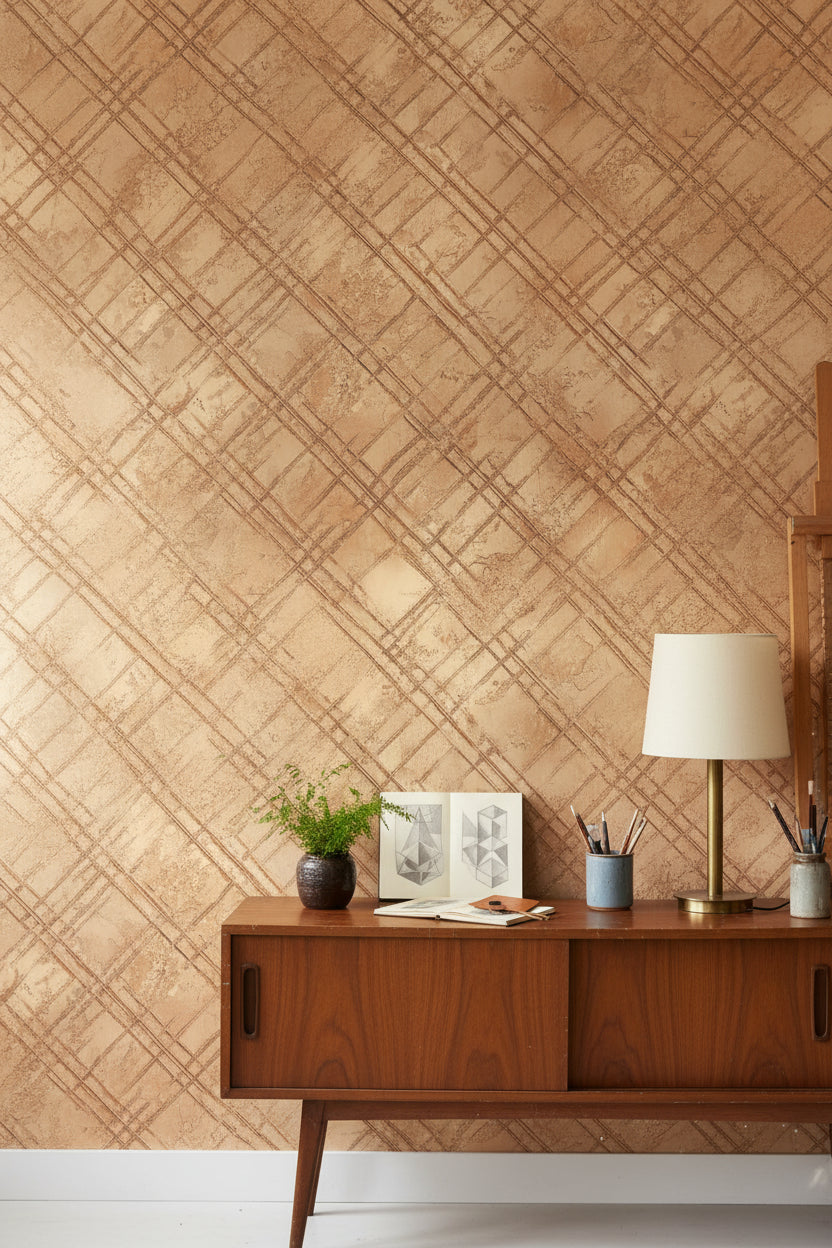 Kahverengi Çapraz Çizgili Duvar Kağıdı Geometrik Salon Dekoru