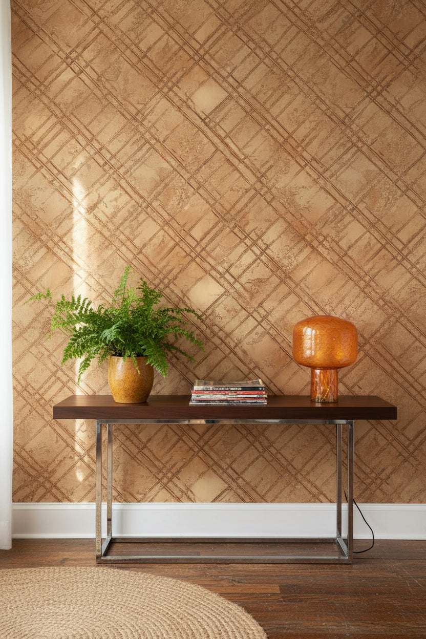Kahverengi Çapraz Çizgili Duvar Kağıdı Geometrik Salon Dekoru