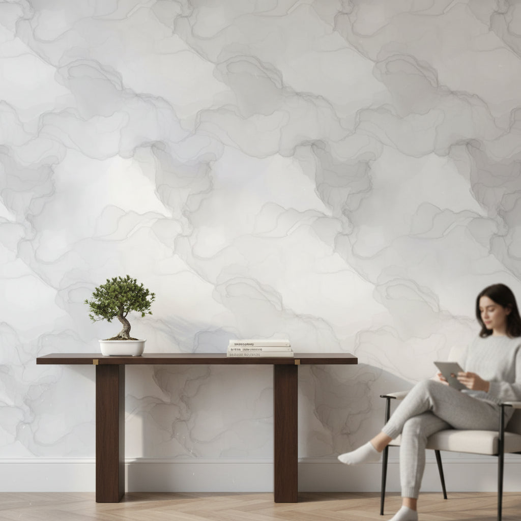 Gri Bulut Efektli Duvar Kağıdı Modern Minimal Salon
