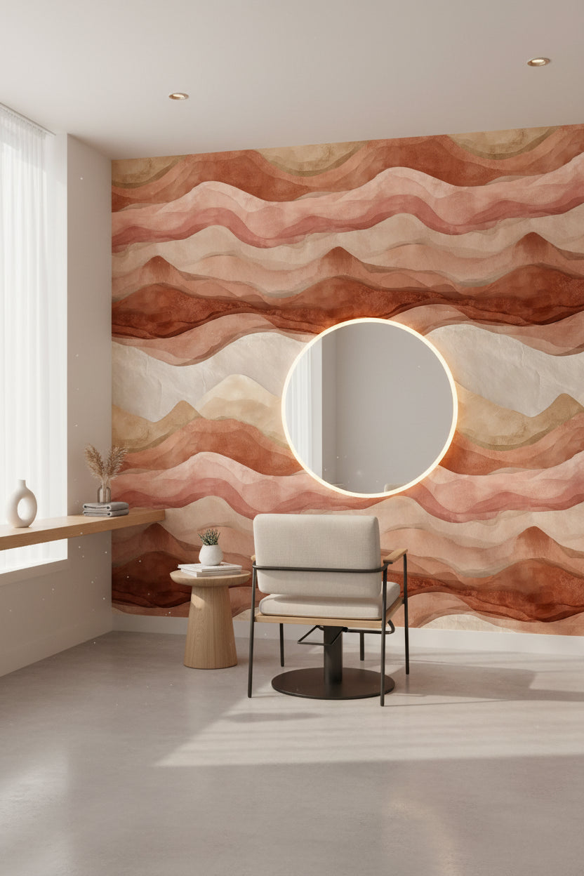 Soyut Dalga Desenli Duvar Kağıdı Terracotta Bej Salon