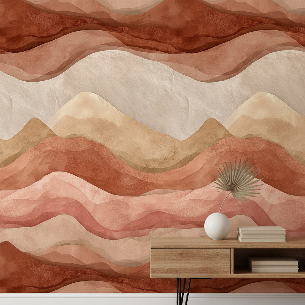 Soyut Dalga Desenli Duvar Kağıdı Terracotta Bej Salon