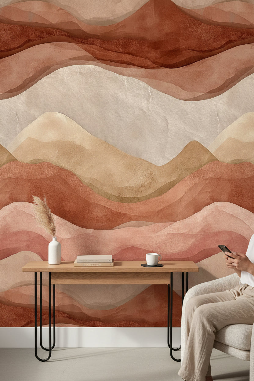 Soyut Dalga Desenli Duvar Kağıdı Terracotta Bej Salon