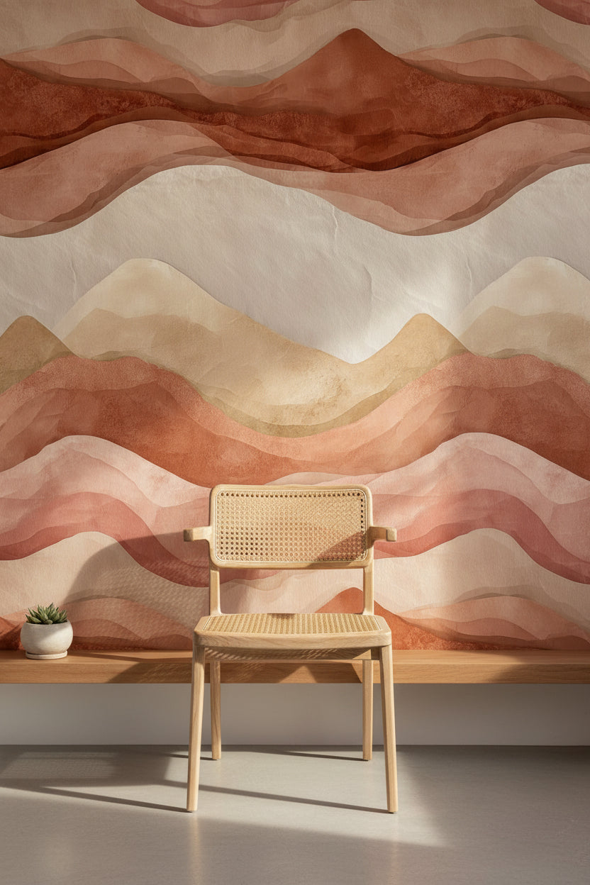 Soyut Dalga Desenli Duvar Kağıdı Terracotta Bej Salon