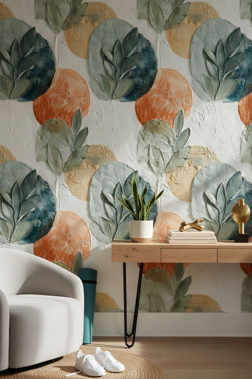 Soyut Yaprak Desenli Duvar Kağıdı Yeşil Turuncu Modern Salon