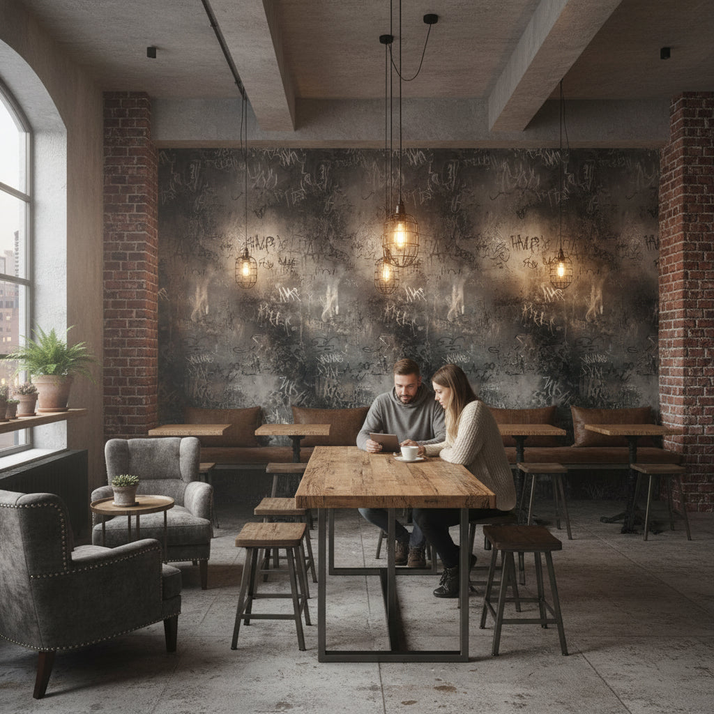 Grafiti Desenli Duvar Kağıdı Koyu Gri Endüstriyel Salon