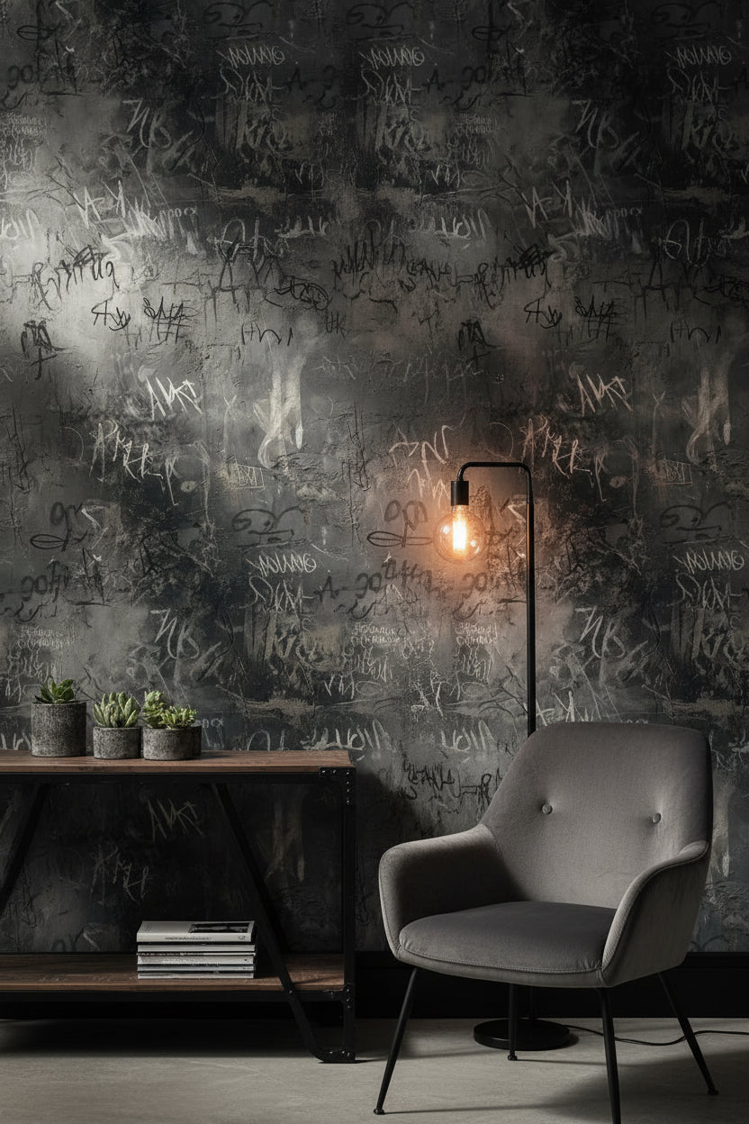 Grafiti Desenli Duvar Kağıdı Koyu Gri Endüstriyel Salon