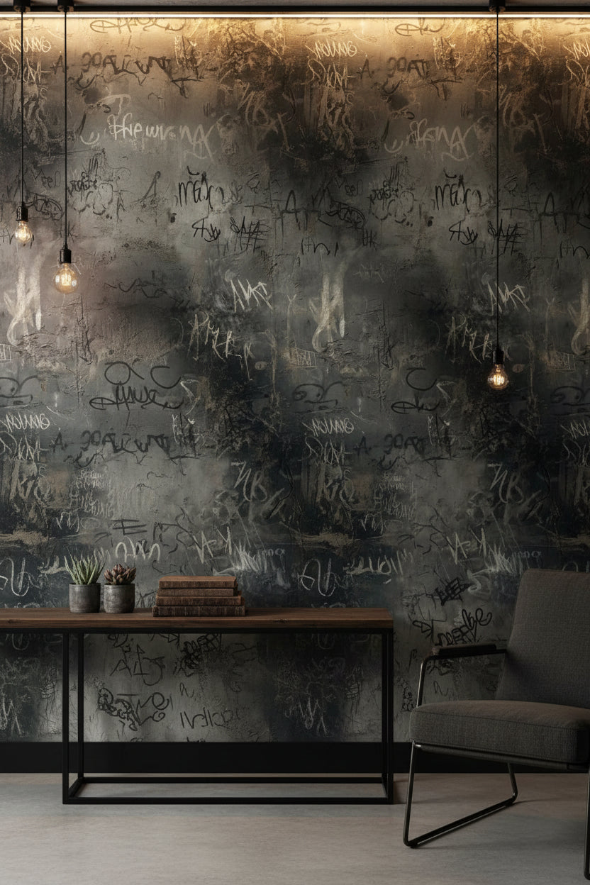 Grafiti Desenli Duvar Kağıdı Koyu Gri Endüstriyel Salon