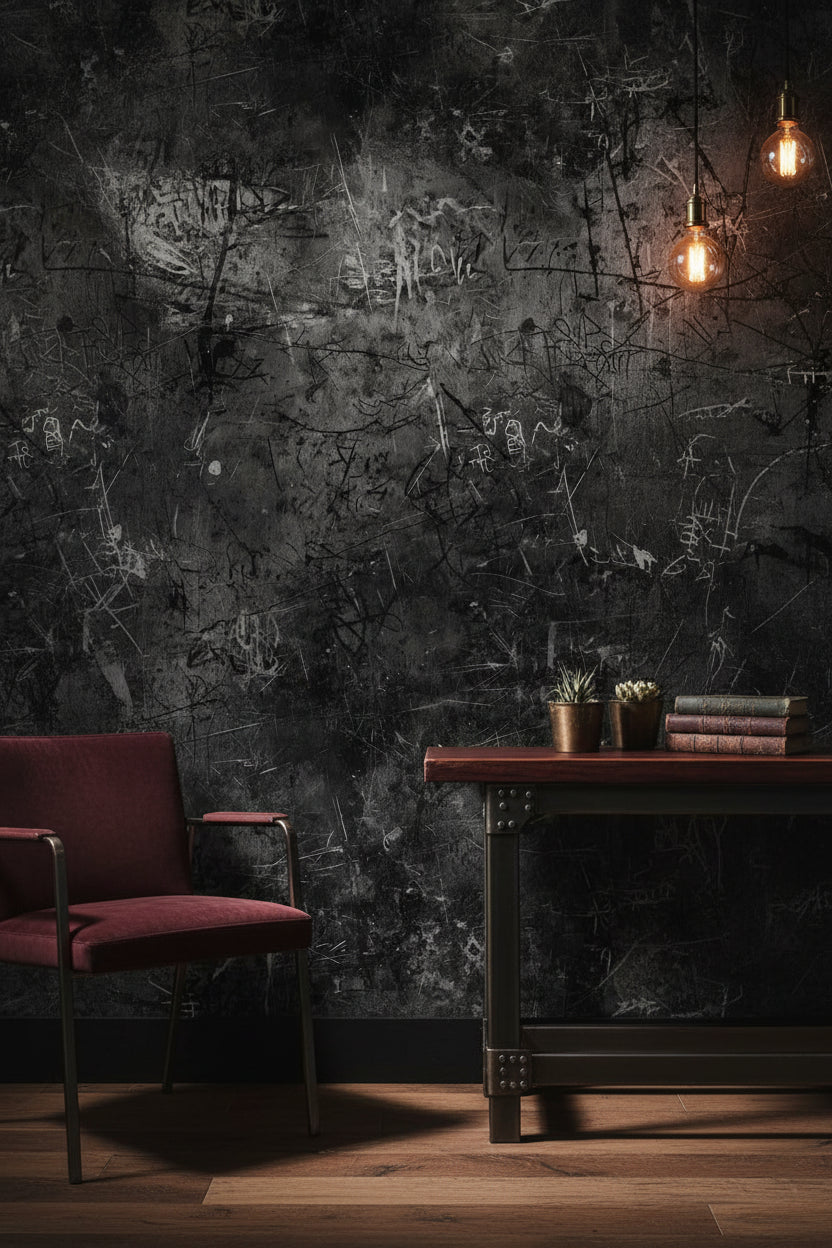 Grafiti Desenli Beton Duvar Kağıdı Koyu Gri Endüstriyel Salon